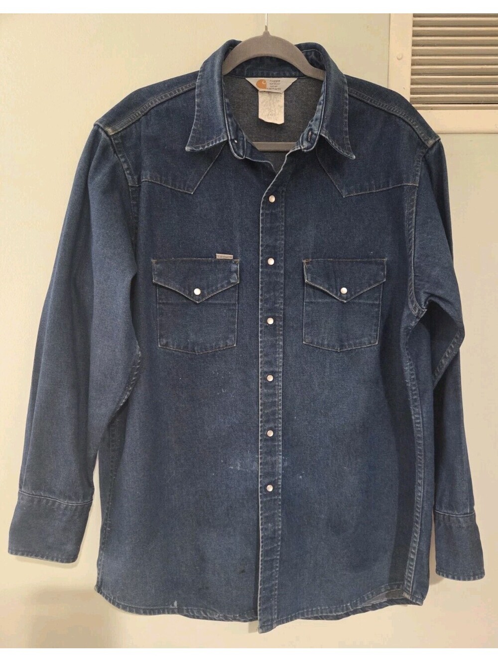 Carhartt Rugged Outdoor Wear Pearl Snap Denim Shirt Western USA Vintage *READ*